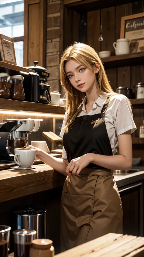 The most beautiful woman in the world is working in a warm and stylish coffee shop, brewing delicious coffee. She has perfect beauty, with her bright blonde hair reflecting the light, her clear blue eyes and sculpted features. She is wearing a simple, well...