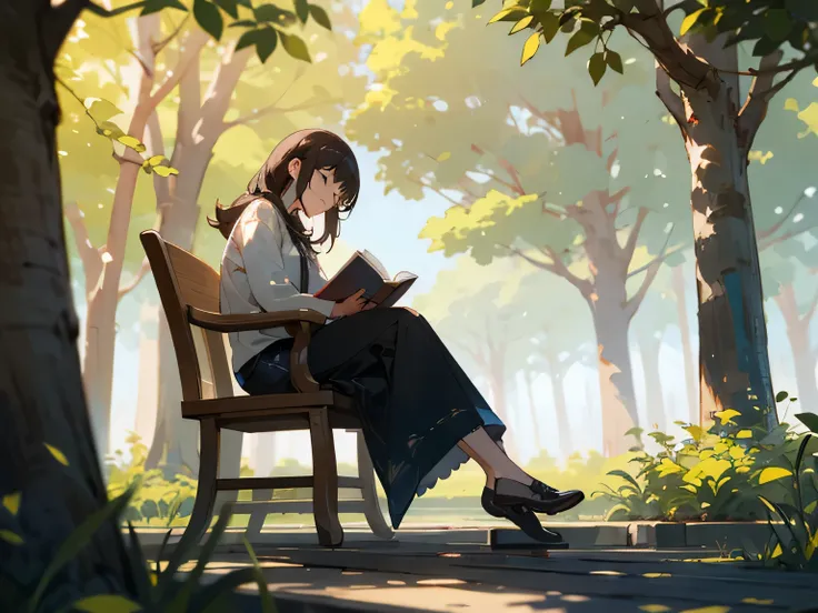 Woman reading a book while sitting on a wooden chair
The background is a place rich in nature and the morning sun shines、A pleasant breeze is blowing

