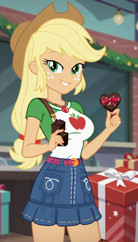 smile, valentine, , looking_at_viewer, , breasts, , gift, belt, huge_breasts, , box, , , chocolate,  Applejack, equestria girls, cowboy hat, belt, denim skirt, cowboy boots,  1 girl, 