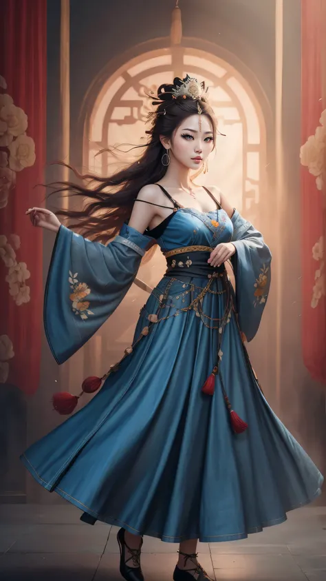 Best Quality, Masterpiece, Ultra-Detailed High Resolution, (Realistic: 1.4), Original Photo, , Illustration, 1 Girl, Handheld Weapon, (Solo Exhibition: 1.2), (Denim Lens: 1.2), (Hair Crown: 1.2), Chinese Dunhuang Traditional Costume, No Straps, (Red Eyelin...