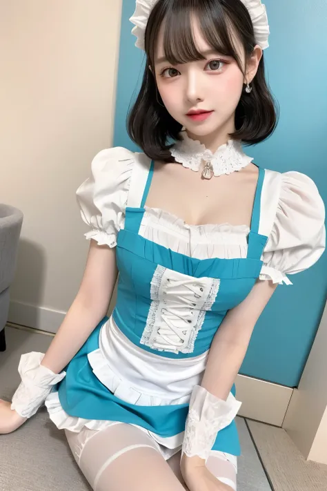 A hyper-realistic portrait of a cute, bright-looking young woman in a pastel blue and white maid outfit. She has sleek, black bob hair with straight bangs that frames her doll-like, delicate face. Her large, expressive dark eyes are highlighted with subtle...