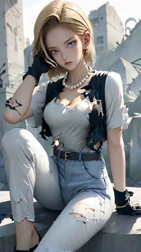 best quality, highres, and18, 1girl, android 18, solo, blonde hair, blue eyes, belt, jeans, pearl_necklace, bracelet, black gloves, white shirt, short hair, short sleeves, earrings, blue pants, open vest, black vest, large breasts, (ruins:1.3), (torn cloth...