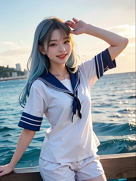 white and gray sailor suit 。Seaside town。 long hair with light blue hair。smile。 idol-like posing 。