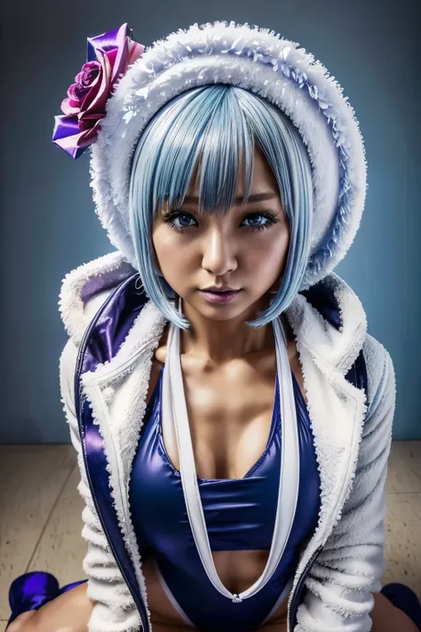 hypnotist, Japanese, Supermarket=nova, ピンクスゥイーツのSupermarket=nova, man's daughter , very small breasts , flat chest, Navy blue one-piece school swimsuit , wears a white fur coat over her swimsuit, light blue hair, Light blue hair, Very Short Hair, Ou...