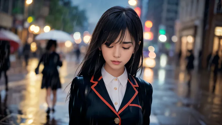 (Super close up profile shot of one slender small breasts two side up black medium hair bangs girl in long sleeves black school uniform:1.5)、(One girl is walking with crying face on the main street in the rain at midnight:1.5)、(At skyscraper city landscape...