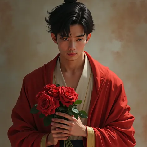 A young man in Thai literature has a magnificent figure, dressed in a Thai dress, a red sabai blanket, holding red roses, with a sad face.