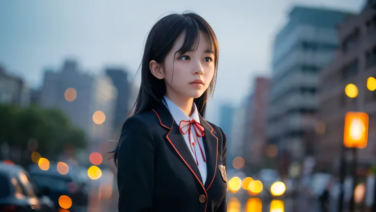 (Close up face shot of one slender small breasts two side up black medium hair bangs girl in long sleeves black school uniform:1.5)、(One girl is looking up the sky with crying face in the heavy rain midnight:1.5)、(Many car head lights are visible at skyscr...