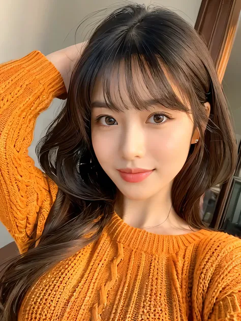 ８hair, Very detailed, masterpiece, Highest quality, Photorealistic, Detailed face, Beautiful Eyes, Age 35, Sexy Woman, 1 person, Cute face, The lower lip is thick and full, Look forward, Nice body, (Light weight orange knit dress), Upper Body, ((look into ...