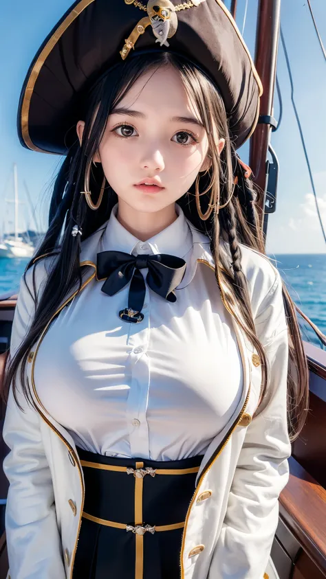 (16years old),loli,(big breasts:1.4),cute face,(dreadlocks hair),((wearing pirates costume,White shirt,coat)),((upper body)),at the ship,