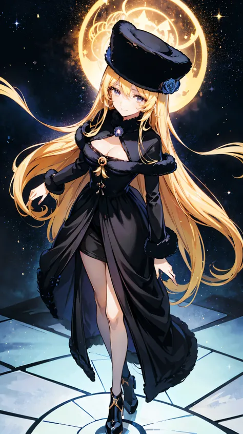  anime beautiful girl , Transcendental High Definition Line Art ,  galaxy express 999 maetel,  Photoreal, Black Russian hat、Russian beauty, with long, curly hair and black, straight bangs, smiles , standing by the Space with colorful bubbles floating aroun...