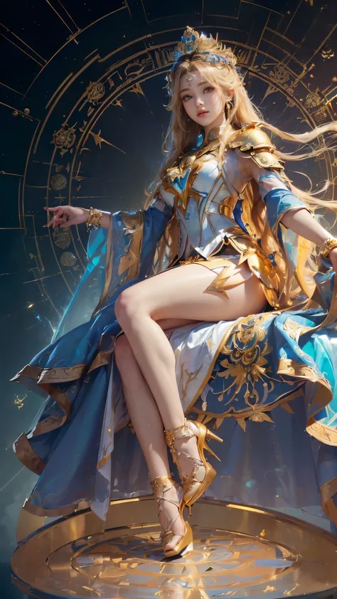 (Absurdly, high quality ,  Very Detailed,32K、 high image quality、Ultra HD、 golden ratio face、 by Nomi、 complicated、 Heidi Teal、 ultra high resolution、 Near Future Fantasy Art)、(((sit、thunderの神インドラ、Taishakuten、crown)))、((( long wave hair 、 wearing divine ar...