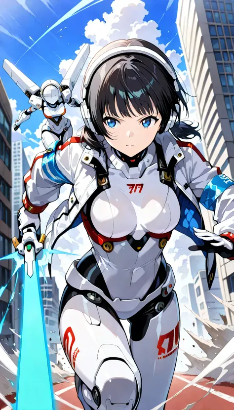 score_9, score_8_up, score_7_up, score_6_up, score_5_up, (masterpiece, best quality), ultra detailed, realistic, lighting, BREAK 1girl,18yo, blue eyes, ((white color Insert color red android suit)), ((white color Insert color black android jacket)),open ja...