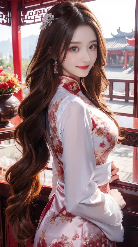   beautiful woman,     Chestnut hair    ,     Beautiful Eyes ,   Smile,  Actual , Full HD,   very beautiful dress  ，Fluffy dress ， curved body，Magnificent view ，Gorgeous decoration，cheongsam，中国发髻