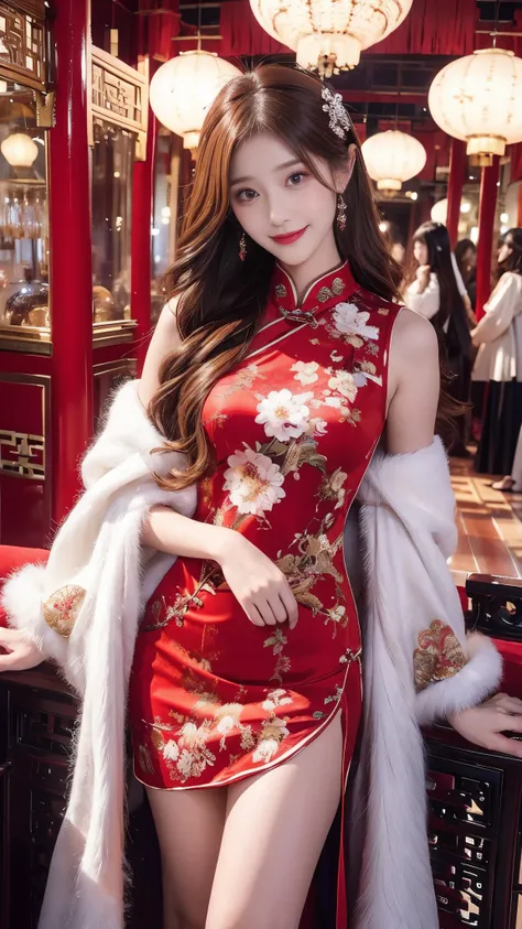   beautiful woman,     Chestnut hair    ,     Beautiful Eyes ,   Smile,  Actual , Full HD,   very beautiful dress  ，Fluffy dress ， curved body，Magnificent view ，Gorgeous decoration，cheongsam，中国发髻