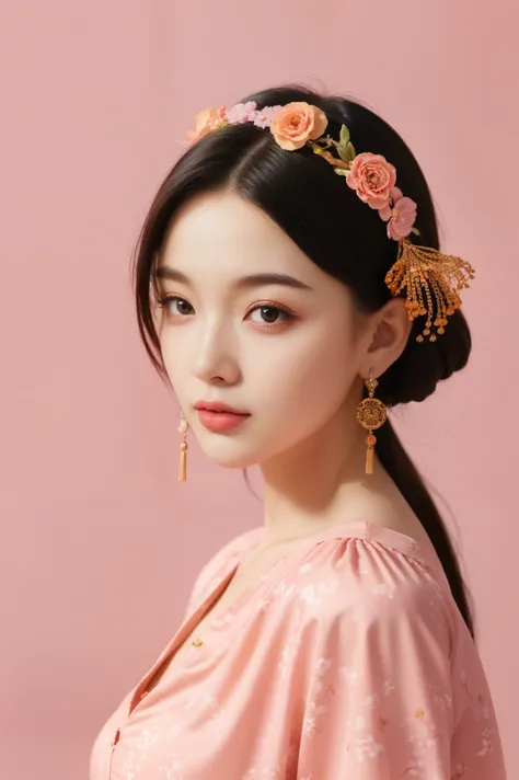 25 years old，Classic Beauty,Red Chanterelle , pink background ,plump,Tall ,Masterpiece Perspective , flower print ,hair accessories,jewelry, Earrings, best quality ,Cold,Chinese black hair, Skin Whiteness,