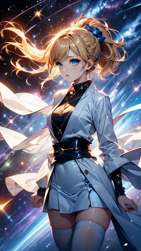  Very Beautiful and Cute Girl  ，，Floating space ，Extremely fantastic and mystical anime art，(( blonde low ponytail ， very beautiful blue eyes ))，((magical white robe， white thigh high stockings :1.1))，midjourney，((masterpiece:1.3))，A lot of diffuse light ，...