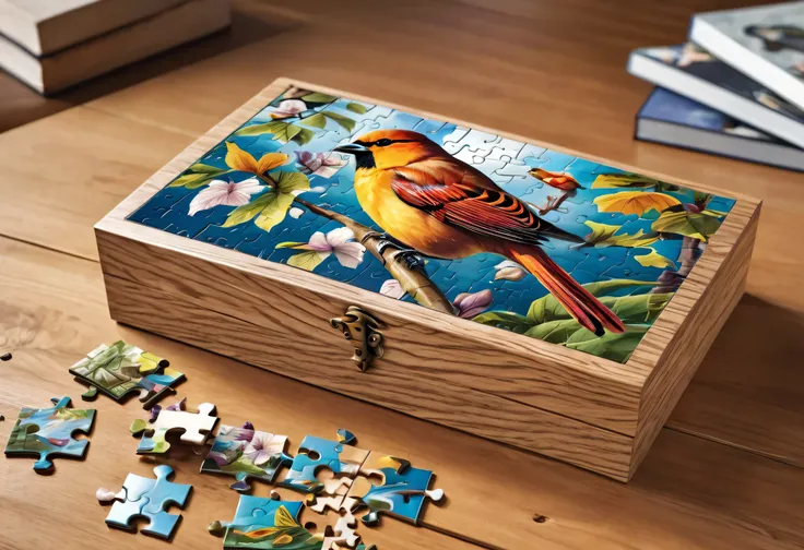 a picture of a  puzzle box with a picture of a bird on it, 240 pages , Mysterious , a jigsaw  puzzle,  puzzle art, Very high quality work, 2023 4k,  puzzle, 8k high-quality and detailed art, 1x, 5 4 s, - 12 pages , 4K 8K, 4K 8K