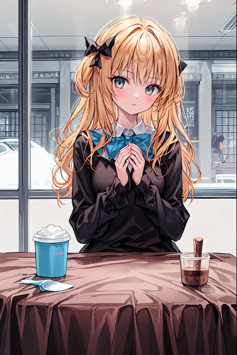  tableトップ,  top quality,  girl,  alone,   light brown long hair  ,  beautiful blue eyes ，  window,  sitting, 屋内で,  table, The sleeve is above the wrist , Cafe,  coffee cup， hair bow,  headrest ,  closed my mouth,  blue sweater ,  upper body