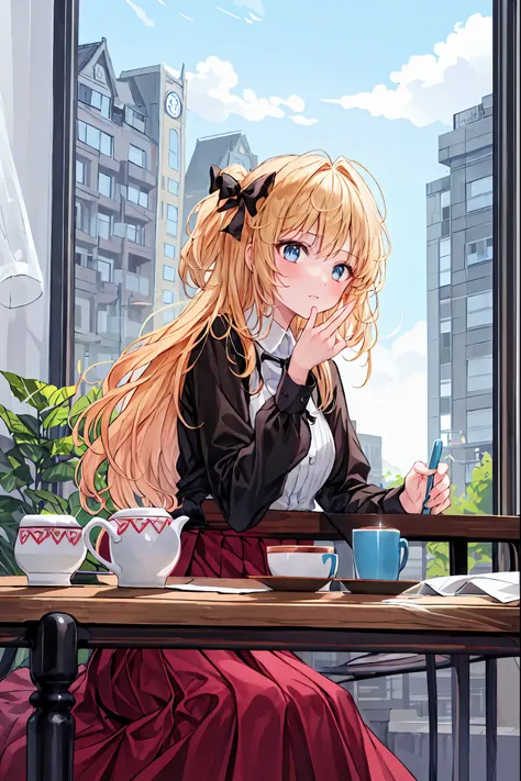  tableトップ,  top quality,  girl,  alone,   light brown long hair  ,  beautiful blue eyes ，  window,  sitting, 屋内で,  table, The sleeve is above the wrist , Cafe,  coffee cup， hair bow,  headrest ,  closed my mouth,  blue sweater ,  upper body