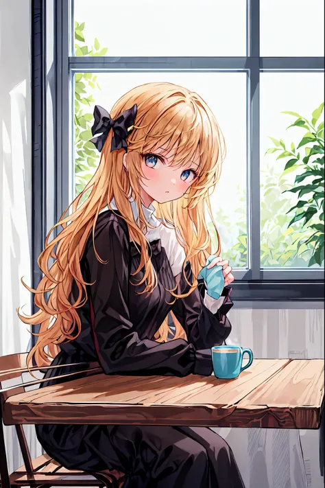  tableトップ,  top quality,  girl,  alone,   light brown long hair  ,  beautiful blue eyes ，  window,  sitting, 屋内で,  table, The sleeve is above the wrist , Cafe,  coffee cup， hair bow,  headrest ,  closed my mouth,  blue sweater ,  upper body