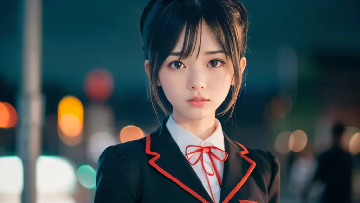 (Super close up face shot of one slender small breasts two side up black medium hair bangs girl in long sleeves black school uniform:1.5)、(One girl is walking with crying face on the main street in the rain at midnight:1.5)、(At skyscraper city landscape in...