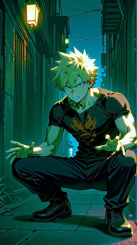 bakugo katsuki,  red eyes,  blond hair,  Detailed,  Detailed background,  short hair, wide shoulders ,  muscular male , 1 , Alone ,  male focus ,  black t-shirt, 8K, alley bottom,  looking straight ahead,  angry expression ,  five fingers, afternoon,  youn...