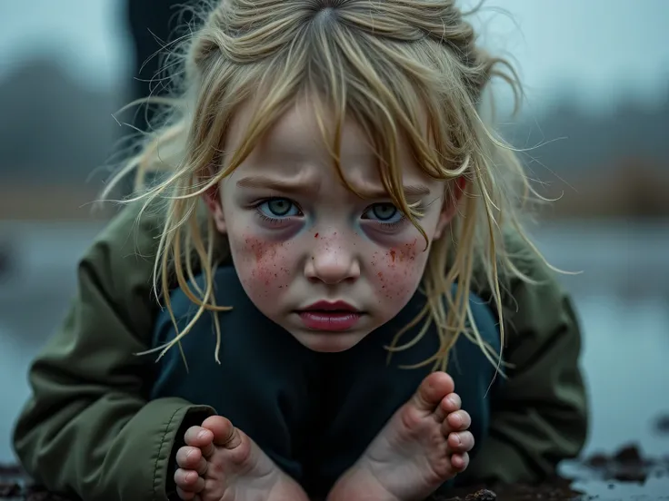 A close-up, realistic image of a  girl with tangled blonde hair, tear-streaked face, and muddy bare feet, sitting alone on the cold ground. She looks frightened and lost. Aspect ratio 16:9.