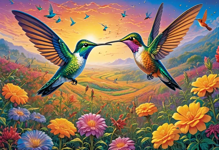 puzzle pieces of two Hummingbirds flying over a flower field, Hummingbirds, Mysterious Birds ,  Deep Dream Cosmic,  Jigsaw Puzzle, birds and butterflies, Hummingbird, painting of a Hummingbird, Butterflies and birds, cog:1000,  Bruce Pennington ,  insanely...