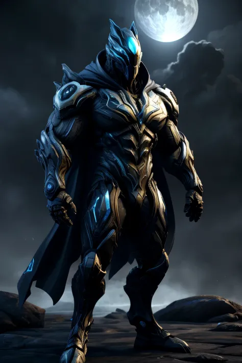 masterpiece, 3D, semi realistic, good render, best quality, extremely detailed, intricate details, (likely warframe, anthro alien, anthro robotic), Black Cape, katana, big muscular, large pectorals, (huge-muscles), (large pectorals) Big Blue Moon Landscape...