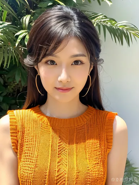 ８hair, Very detailed, masterpiece, Highest quality, Photorealistic, Detailed face, Beautiful Eyes, Age 35, Sexy Woman, 1 person, Cute face, The lower lip is thick and full, Look forward, Nice body, (Light weight orange knit dress), Upper Body, ((look into ...