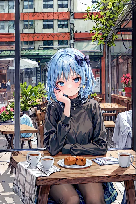  tableトップ,  top quality,  girl,  alone,   Hair， shortcuts， enchanting gray-blue eyes shine like stars ，  window,  sitting, 屋内で,  table, The sleeve is above the wrist , Cafe,  coffee cup， hair bow,  headrest ,  closed my mouth,  blue sweater ,  upper body