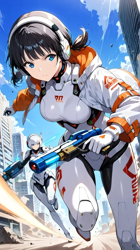 score_9, score_8_up, score_7_up, score_6_up, score_5_up, (masterpiece, best quality), ultra detailed, realistic, lighting, BREAK 1girl,18yo, blue eyes, (white color Insert color red android suit), (white color Insert color orange android jacket,open jacket...