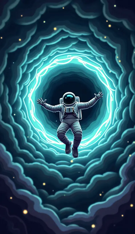 An astronaut floating helplessly inside a black hole, their body stretching unnaturally due to the immense gravitational pull, surrounded by swirling light and warped space; whimsical cartoon design, eerie dark tones with neon light trails, haunting yet fa...