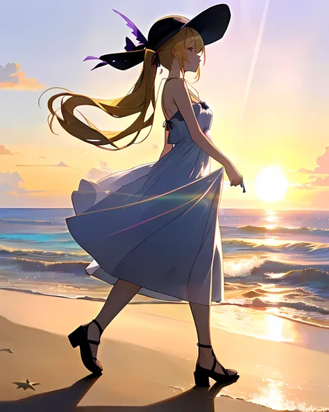 Anime, 1girl, blonde hair, twin ponytails hairstyle with striking purple highlights, dressed in a (sundress) style, exuding a mature but young elegance. (Walking_on_the_beach) And a (short_sun_hat) . a silver necklace, with tewiky cross necklace (from_side...