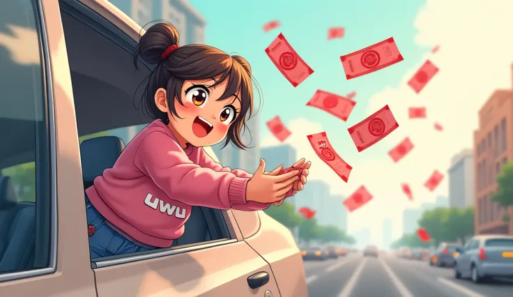 A 2D anime-style illustration with a soft pastel color palette, depicting Uwu leaning out of a moving car window, joyfully scattering red banknotes (100,000 rupiah bills) into the air.

Scene Details:

Uwu leans out of the rear passenger window, her body s...