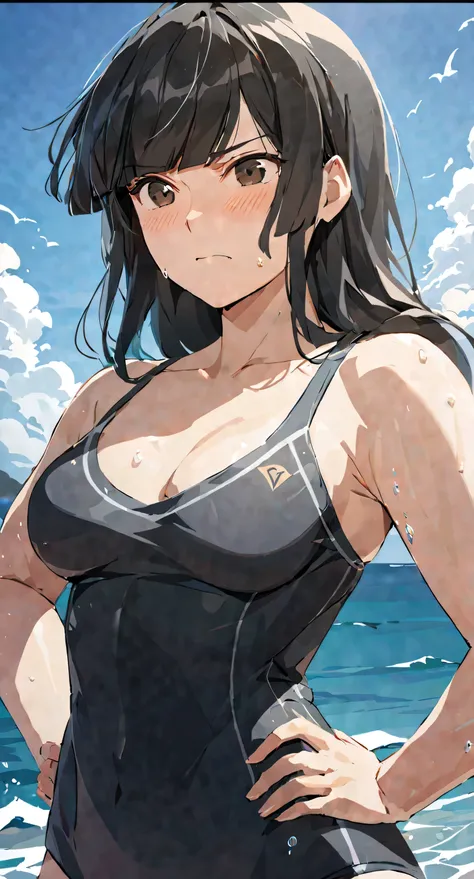 masterpiece,best quality, solo, eda, bangs, black hair, upper body,blue sky,cloud, shy expression, medium breast, hot, thicc, swimsuit , ocean, water, she is shy, embarrassed , she is embarrassed, dynamic pose, close shot, upper body, dynamic pose, trying ...