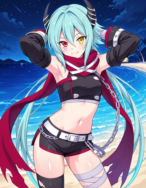 pcranna, aqua hair, very long hair, low twintails, horns, sidelocks, red eyes, yellow eyes, heterochromia, facial mark, annapdef, bandages, red scarf, torn scarf, black crop top, bare shoulders, bandaged arms, detached sleeves, black sleeves, midriff, whit...