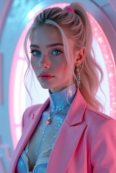 “Portrait. A 25-year-old white female in a bubblegum-pink and sky-blue outfit with silver and pink metal details. Holographic pink energy with sparkling blue inclusions aura. Long, Wavy, Blonde hair held back in a ponytail. Beautiful, Bright Blue eyes. Bea...