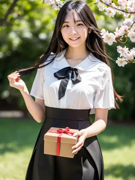 A stunningly beautiful 20-year-old woman stands in a lush green park full of cherry blossoms in full bloom under a clear blue sky. She is wearing a classic sailor uniform and holds a neatly wrapped gift box with a red ribbon in both hands in front of her c...