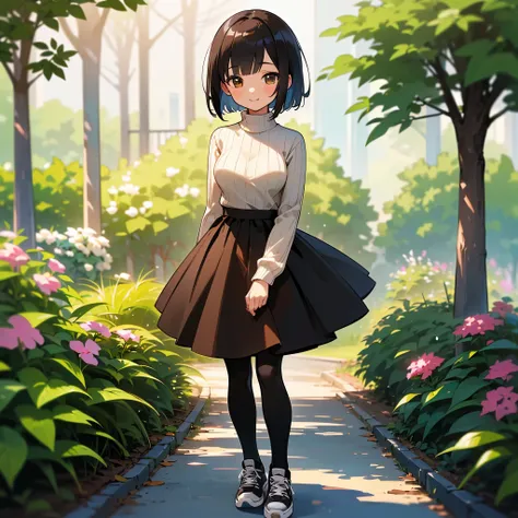 ( high quality,  high res, Very detailed, reality:1.37), Peaceful atmosphere, (Outdoors, garden),  age girl standing alone,(My breasts are small.), Beautiful details,  cute smile, (Black Bob),Ribbed sweater, brown skirt ,  black tights, sneakers.