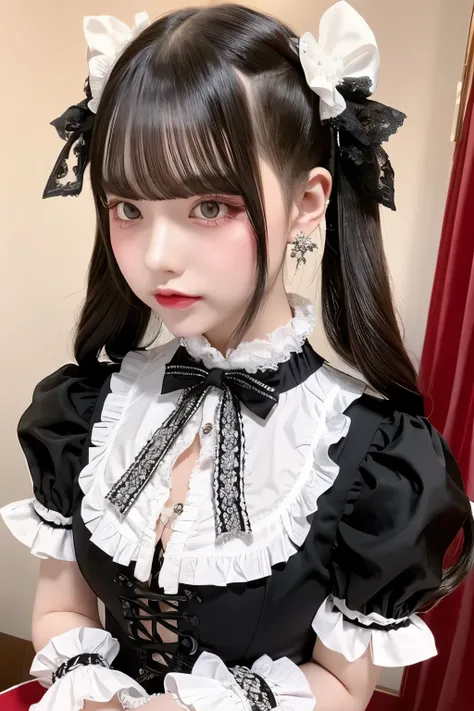 A close-up portrait of a young woman in a cute Gothic Lolita style. She has long black hair in twin tails and accessorizes with red ribbons. Her bangs are straight and neatly cut above her forehead. Her skin is pale with a rosy flush to her cheeks. She has...