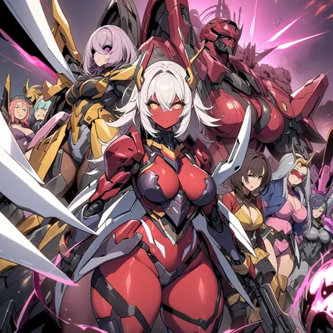 Anime, high detailed, multiple womans, mature womans, mecha armor, large mechanical wings, "Automotive-like" details on their mecha armors, blindfold (They're all using blindfolds), serious, large clawed Gauntlet, red skin, curvy body, long mechanical tail...