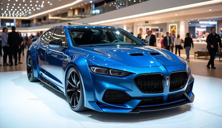 A photo of the front side view of a blue 2025 Pontiac GTO finally with a sleek, full modified, modern design. The car is parked on a white surface. The background is a shopping mall with white lights. The photo reveals the luxurious interior. The overall a...