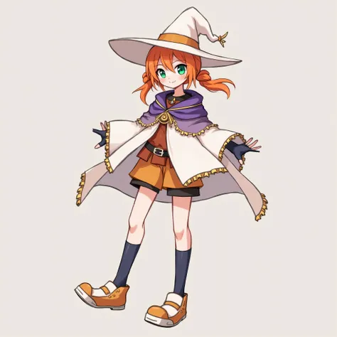 gender：girl（fake ）
character： calm
Height： 157cm
Weight ： 42kg
Appearance ：hair－ Ponytail（Warm orange ）
　　　 eyes－ odd eye （ Left Green 　 Right Water Blue ）
clothing：hat－Magic Hat（ Orange White Color ）
　　　clothing－ Shawl Top （ Purple Black Color ）
　　　cloak－...