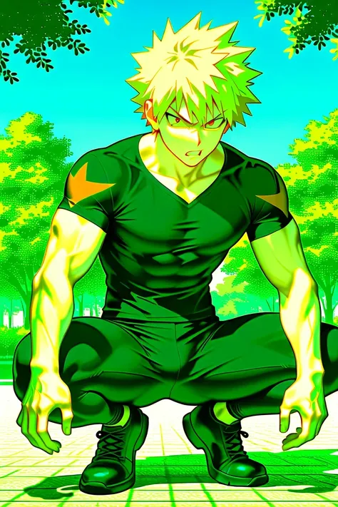 bakugo katsuki,  red eyes,  blond hair,  Detailed,  short hair, wide shoulders ,  muscular male ,  Alone ,  male focus ,  black t-shirt, 8K, park background,   blue sky,  nubes blancas, by day, vista de frente,  angry expression ,  five fingers, afternoon,...