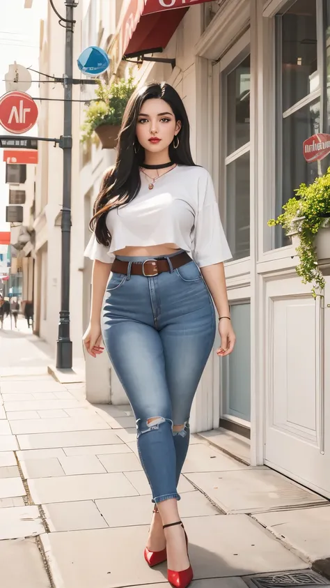 Beautiful 19-year-old brunette girl with straight and long black hair with brown eyes wearing red lipstick wearing high-waisted jeans with belt and top showing a round chubby belly button