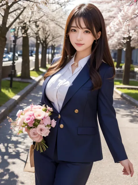 ((( recruitment suit))),((Cherry tree-lined street)),(( top quality)),  realistic, 非常に Detailsな, 細かく Detailsに, (( high res)), 8k、(whole body)、 Japanese woman、(curvy),(busty)、( MIDDLE HAIR)、 brunette colored hair 、 glamour、20th Generation、((front)),one girl...