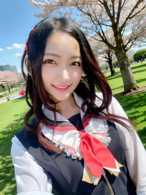 A stunningly beautiful 20-year-old woman stands in a lush green park full of cherry blossoms in full bloom under a clear blue sky. She is wearing a classic sailor uniform and holds a neatly wrapped gift box with a red ribbon in both hands in front of her c...