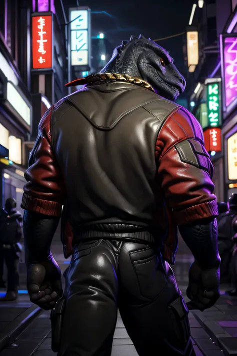 (by tojo the thief, by darkgem, by narse), thunder (fortnite), male, solo, black body, scales, komodo dragon, lizard, (tail), topwear, monitor lizard, anthro, rear view, red jacket, gold chain, tokyo, street, neon lights