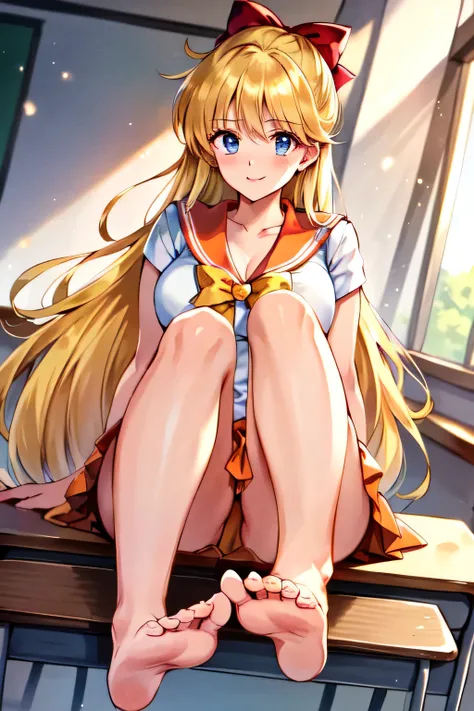  Masterpiece,  top quality,  Ultra Detailed, 8K, 1990's Anime, (Aino Minako), (orange Sailor Venus), 1girl, charming smile:1.4, giggle:1.4, blush:1.2, orange sailor, blue eyes, deep yellow hair with red ribbon, orange pleated skirt, sitting on chair, cross...